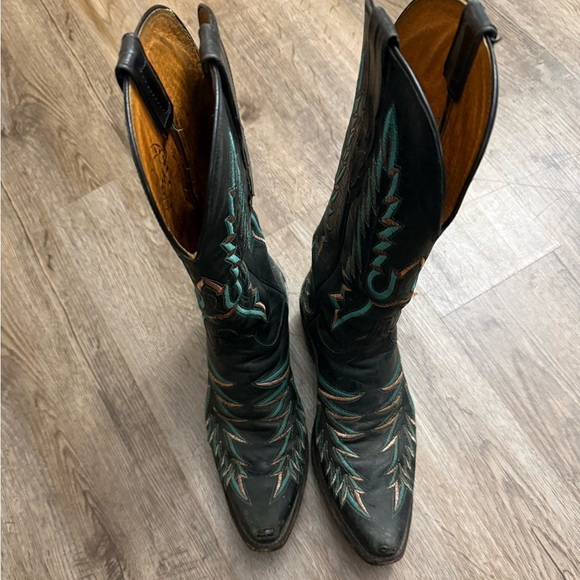 Lucchese Black and Turquoise Snip Toe Western Cowboy Boots Size 7 - Picture 3 of 16